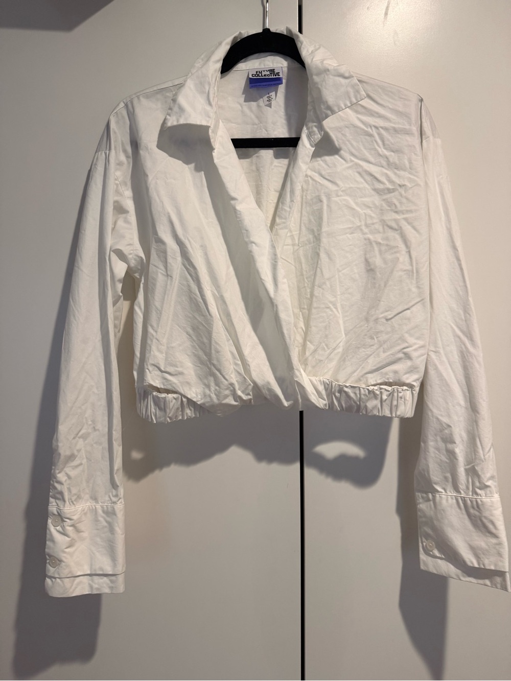Future Collective Cropped White Wrap Blouse with Collar, Size L
